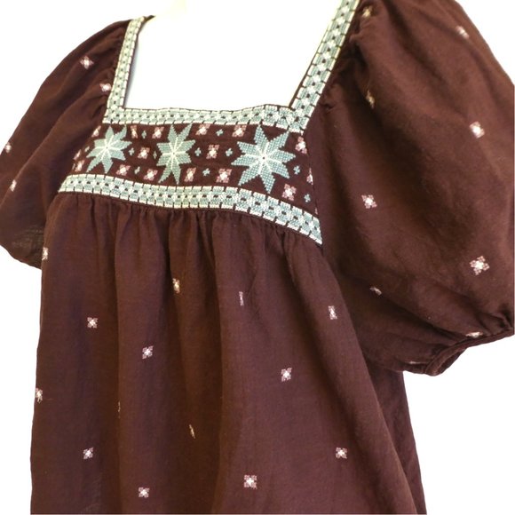 Madewell Embroidered Peasant Top Bubble Sleeve Cross Stitch Brown Cotton India S - Picture 1 of 6